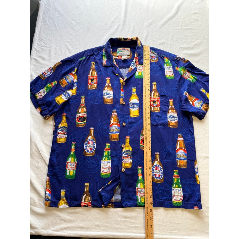 Paradise Found Mens Beer Bottle Hawaiian Shirt Navy Blue Rayon Aloha Large